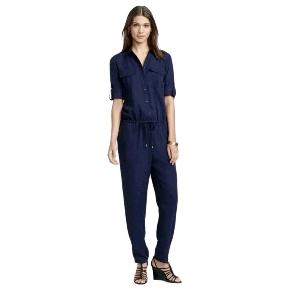 Lauren Ralph Lauren Jumpsuit Women 14 Navy Blue Utility Roll Tab‎ Button Front